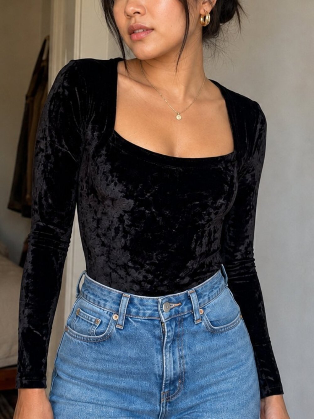 Vintage My Boyfriend Black Crushed Velvet Long Sleeve Bodysuit